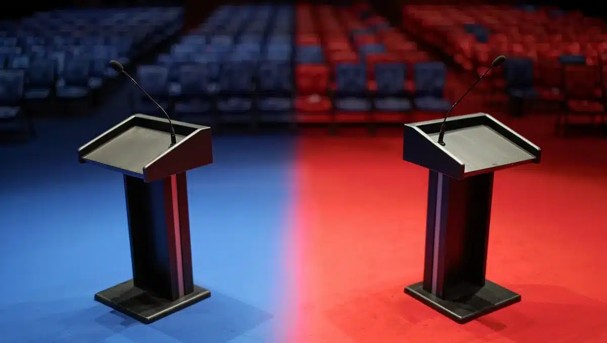 A split-screen setup showing two empty debate podiums on a stage with blue and red lighting, microphones positioned at center stage, audience seats blurred in the background, ready for candidates to take their positions&mdash;tension.