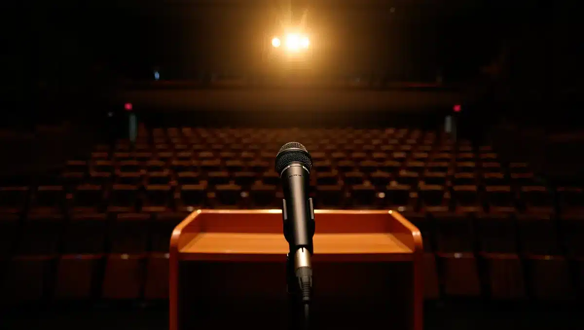 A microphone on a podium in an empty auditorium, spotlight casting a single bright circle on the stage, shadows across empty seats, the rest of the room dark and silent&mdash;absence.
