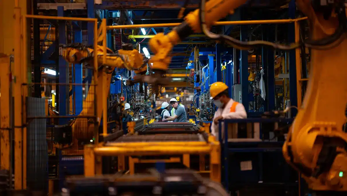 An industrial factory floor with advanced manufacturing equipment and robotic arms in motion, blue and amber lighting illuminating steel infrastructure, conveyor lines stretching into shadow | manufacturing facility with robots