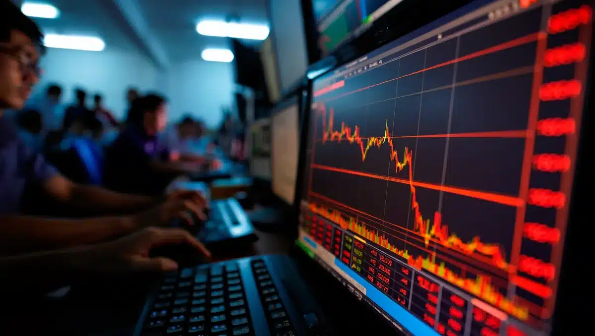 Stock market trading screen showing red numbers and declining chart, financial data streaming | stock market decline