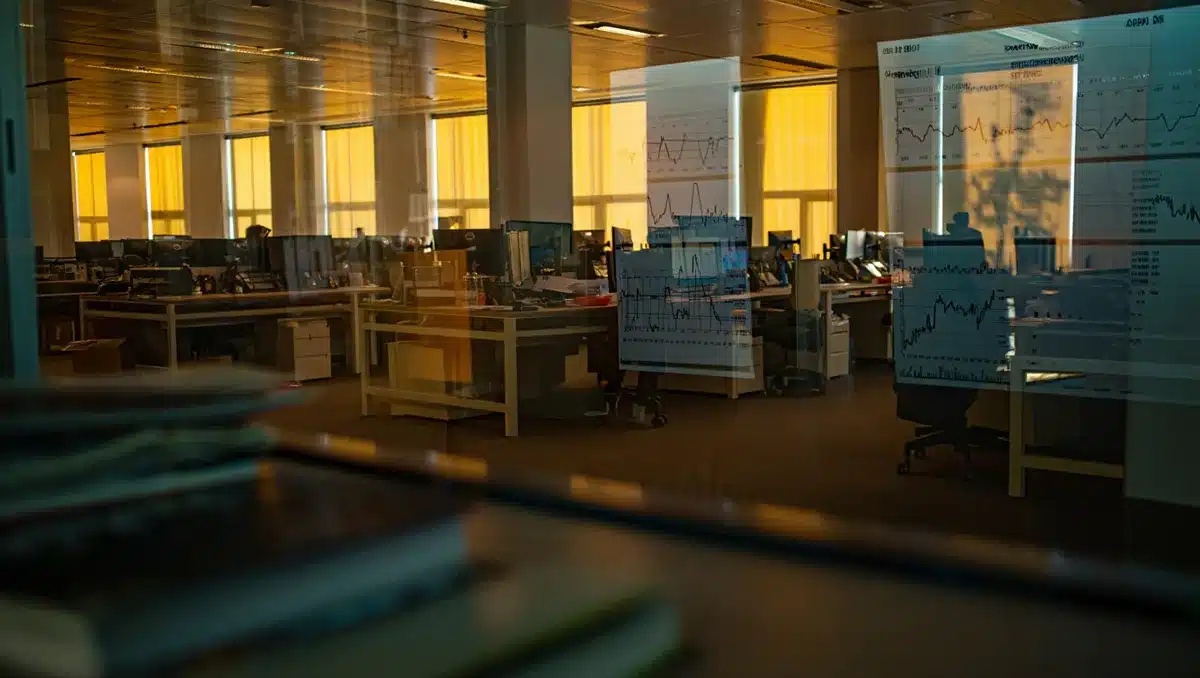 Corporate office with financial charts on glass walls, empty trading floor at dusk | earnings report