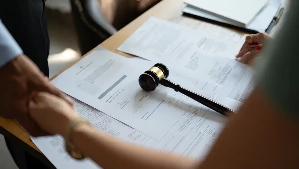 A formal government office setting with documents and paperwork scattered across a wooden desk, a gavel in the background, and soft overhead lighting casting shadows — tension.