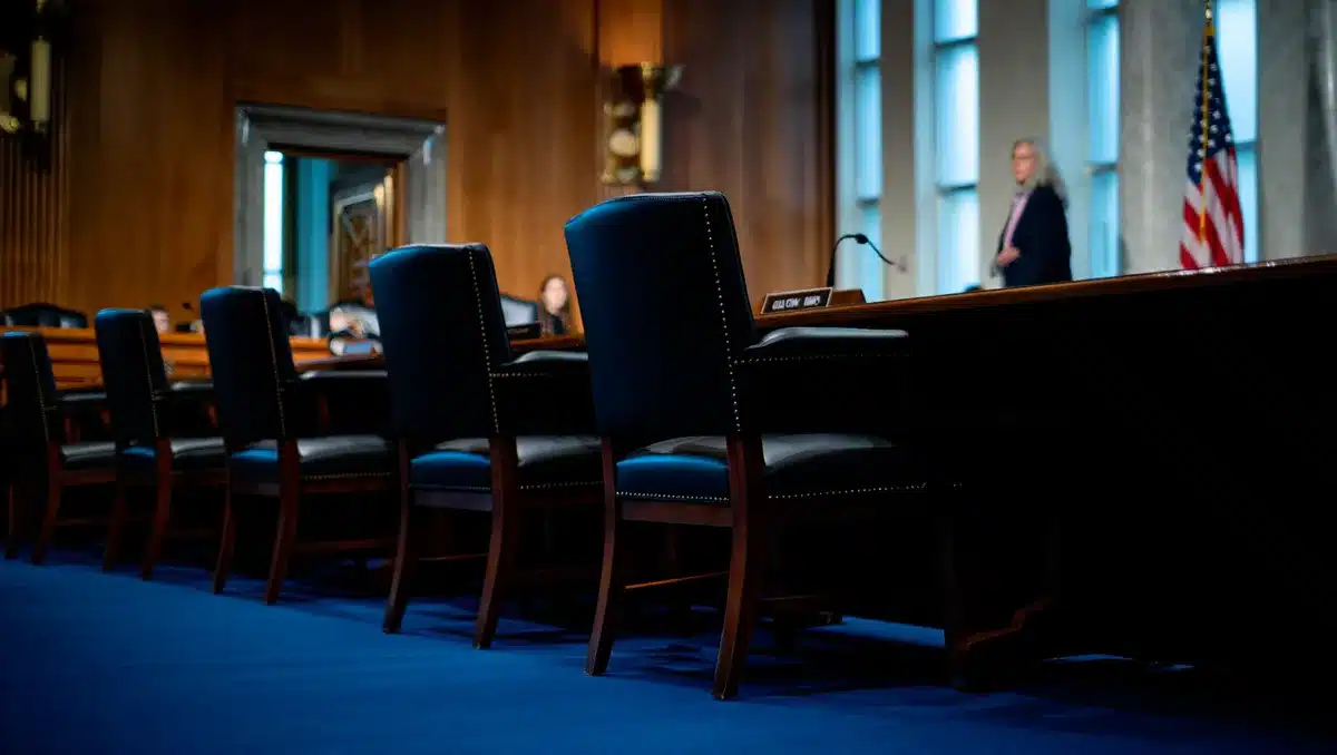 A Senate hearing room with empty chairs facing a witness table, soft natural light from windows, formal wood paneling and an American flag in the background — anticipation.