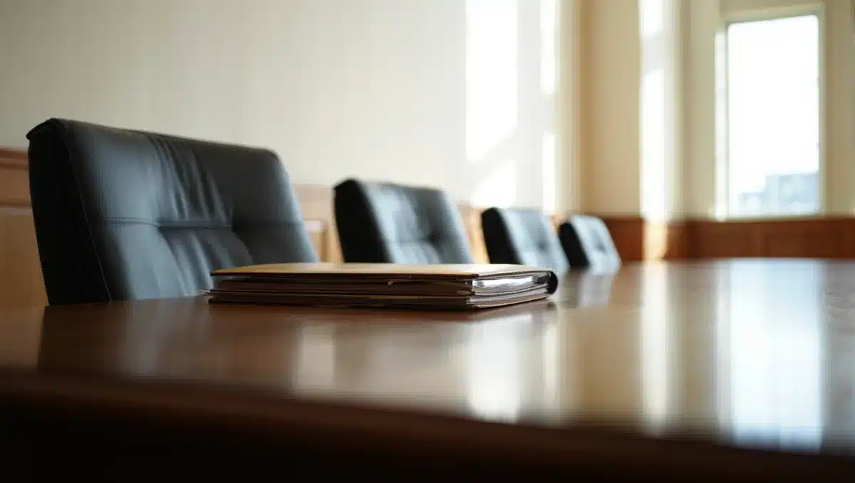A formal Cabinet conference room with empty chairs arranged around a polished table, soft light filtering through tall windows, a single folder on the table's edge, anticipation and tension in the stark composition | cabinet meeting room