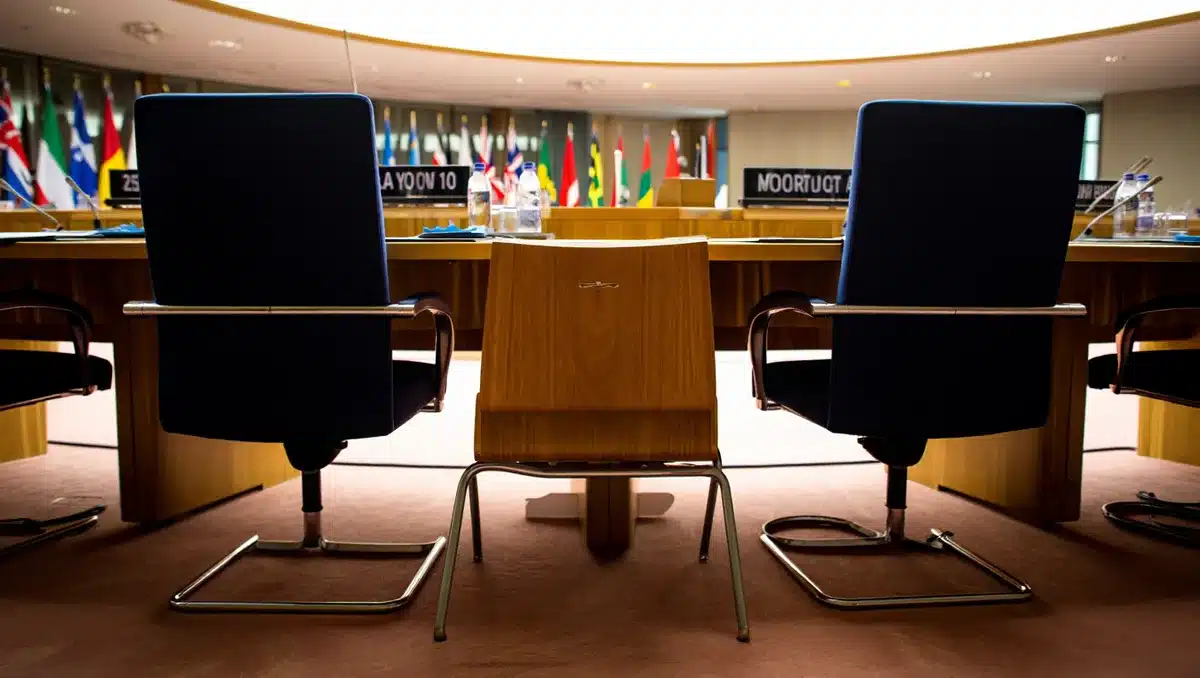 A diplomatic conference room with flags and empty chairs arranged formally, one chair positioned alone at the head of a polished table, harsh light casting long shadows, unresolved tension and waiting | diplomatic negotiation room