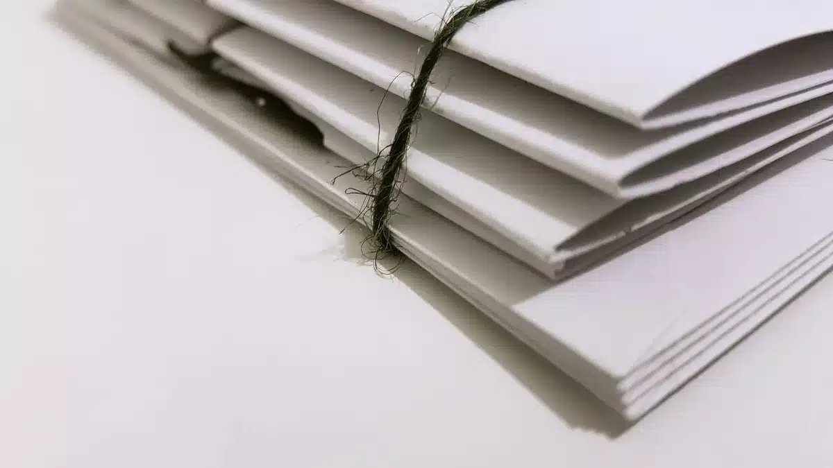 A stack of mail-in ballot envelopes in various colors, some with postage stamps and bar codes visible, arranged on a neutral surface with soft focus background.
