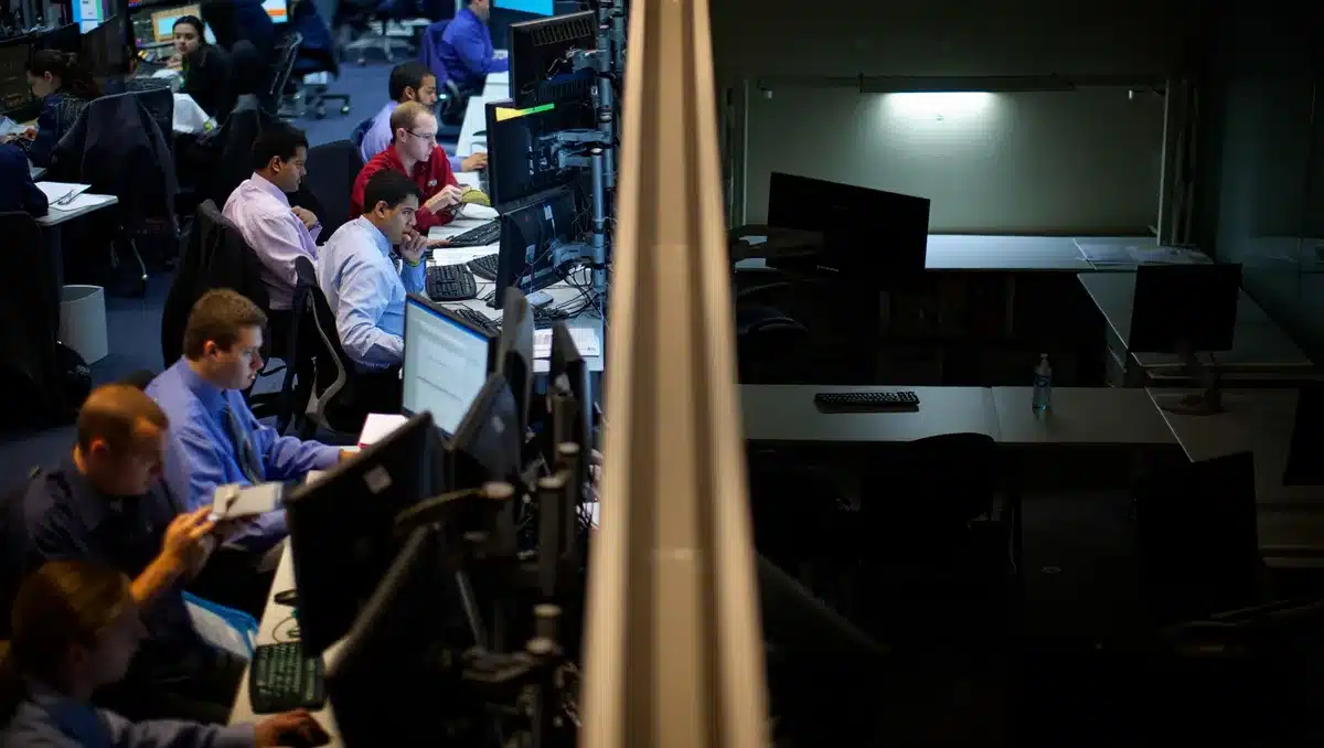 A split-screen composition showing a crowded stock exchange trading floor on the left side with traders at terminals, and on the right side an empty, dimly lit office space representing retail investors left behind, with a sharp dividing line down the center