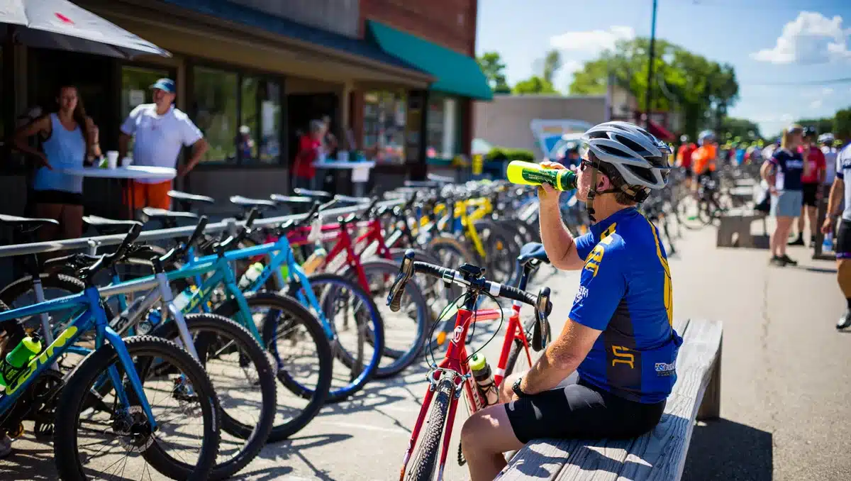 A crowded RAGBRAI rest stop in a small Iowa town, cyclists gathered around food and water stations, colorful bicycles parked in rows, local residents mingling with riders, small-town buildings and storefronts in the background, summer heat and community energy visible