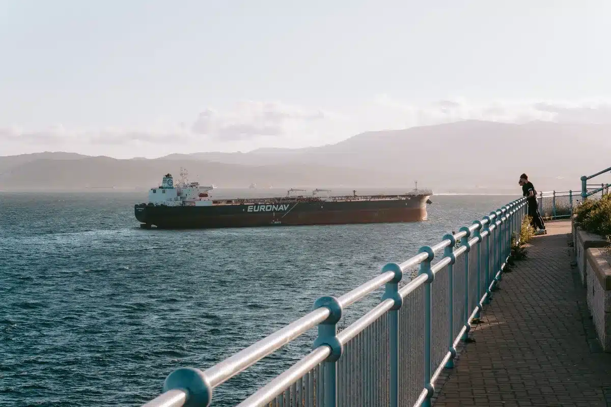 A commercial cargo vessel moving through narrow waters with military patrol boats in the distance, morning light on calm water, the horizon framed by distant coastline, a sense of fragile passage and international tension