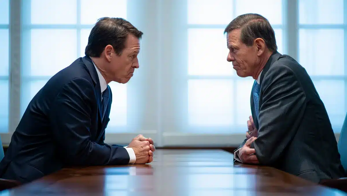 Two world leaders at a diplomatic table in a formal Washington setting, tense body language and serious expressions, filtered light through tall windows casting long shadows, tension and dialogue | diplomatic meeting tension