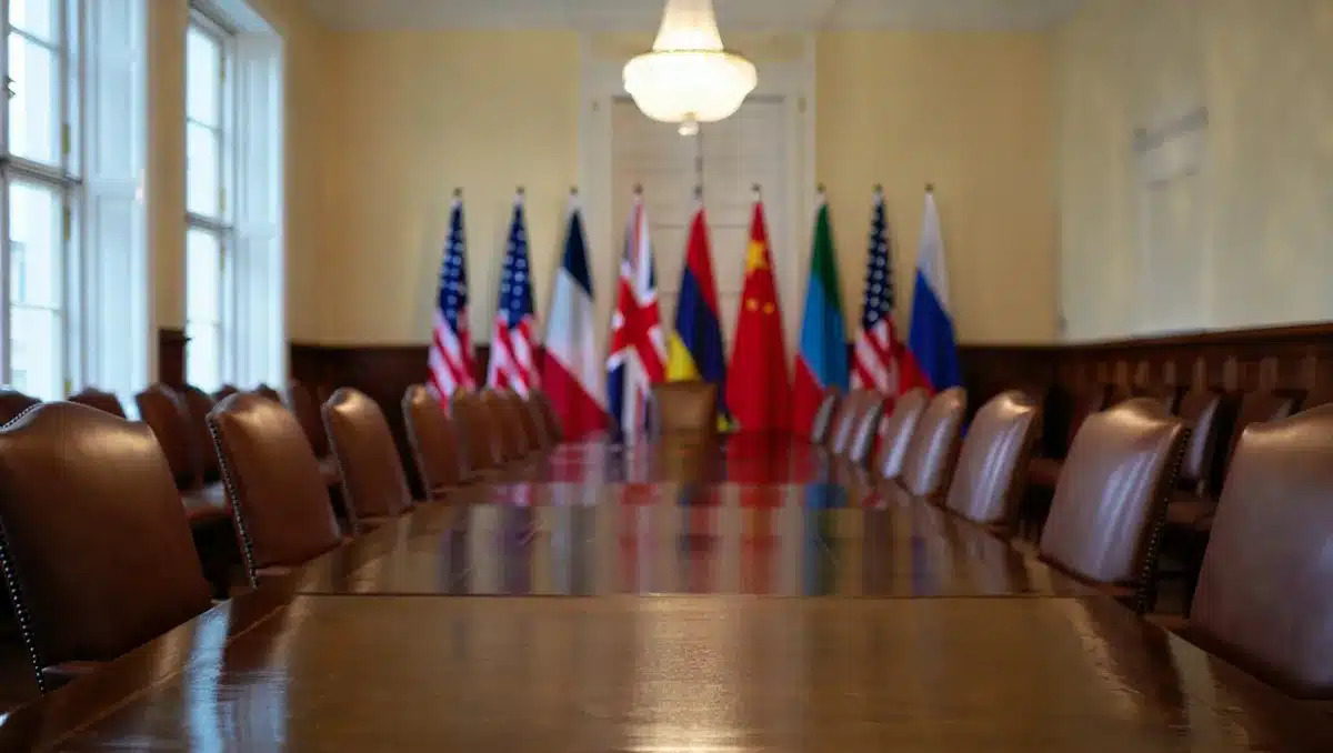 An empty diplomatic conference room with flags of nations, formal chairs arranged around a polished table, subtle tension in the stark composition, waiting for resolution | diplomatic negotiation room
