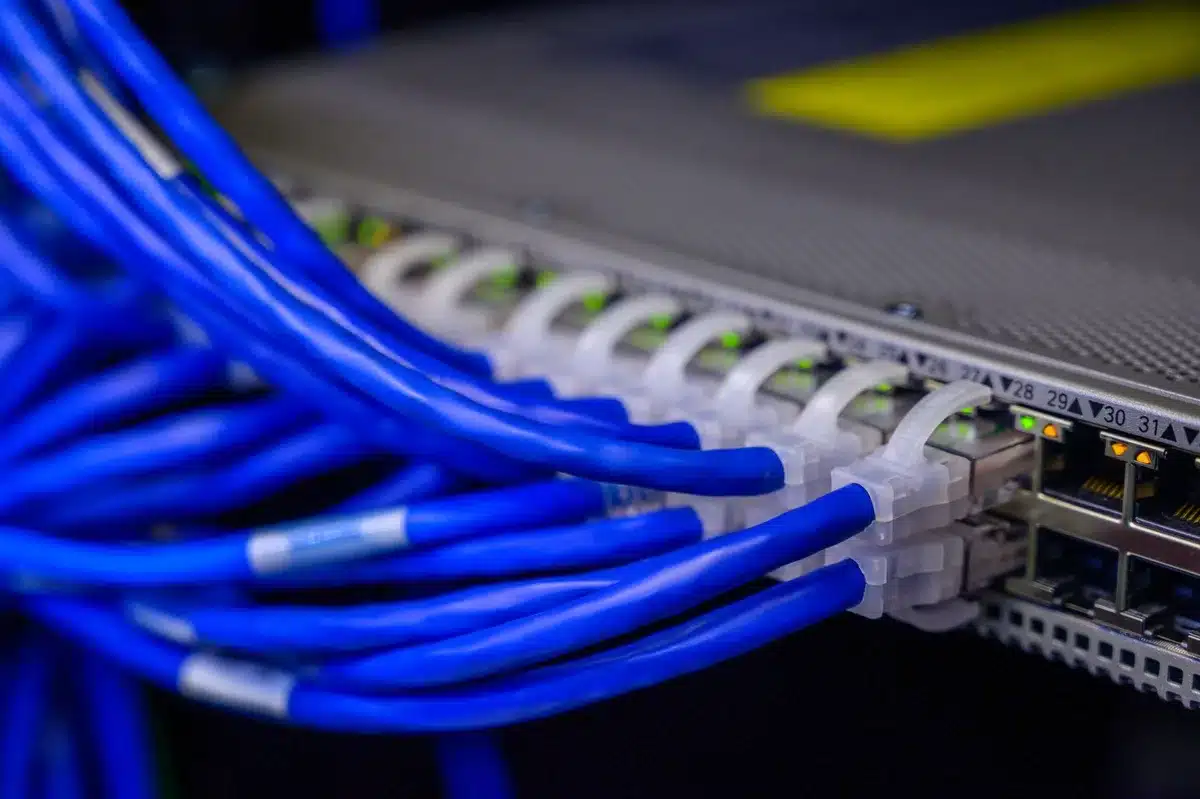 Fiber optic cables in a data center, glowing with blue light, bundled together in organized racks against a dark background