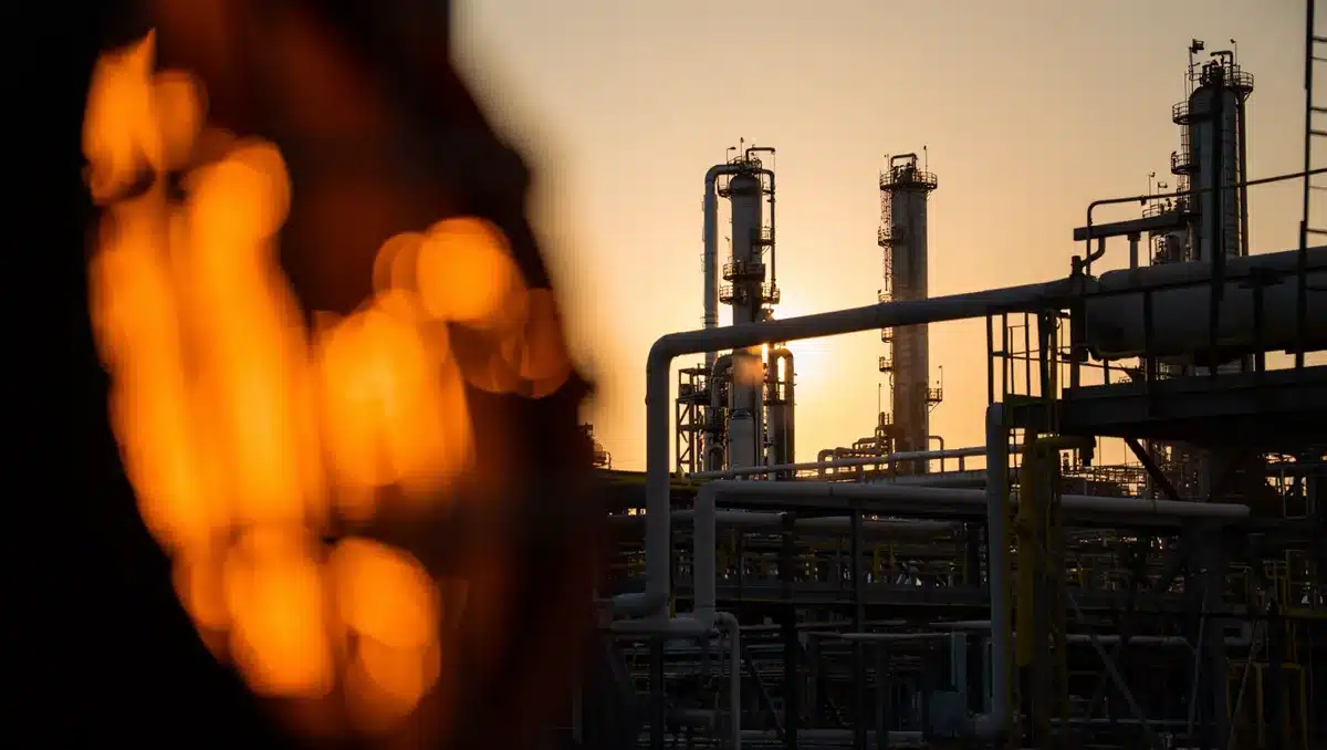 Oil refinery with glowing furnaces at dusk, crude processing equipment in industrial setting, pipes and towers silhouetted against warm sunset light | oil refinery operations