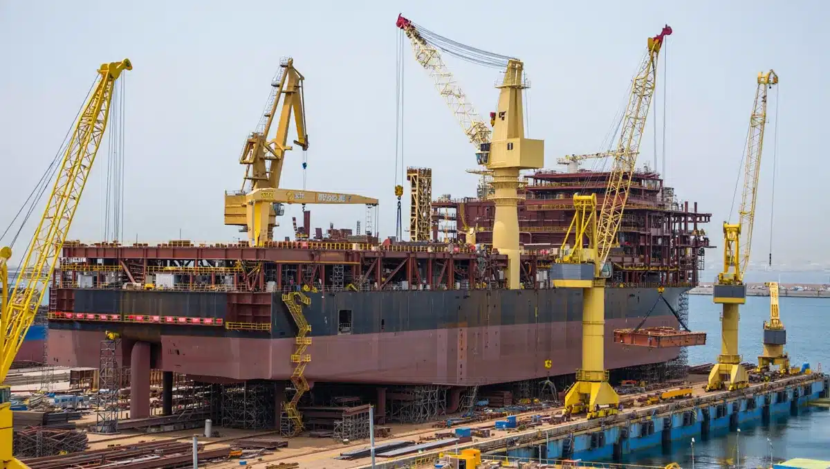 Fifth FPSO vessel under construction in shipyard, industrial maritime facility with floating production platform, cranes and steel structures, blue water in background | offshore oil production platform