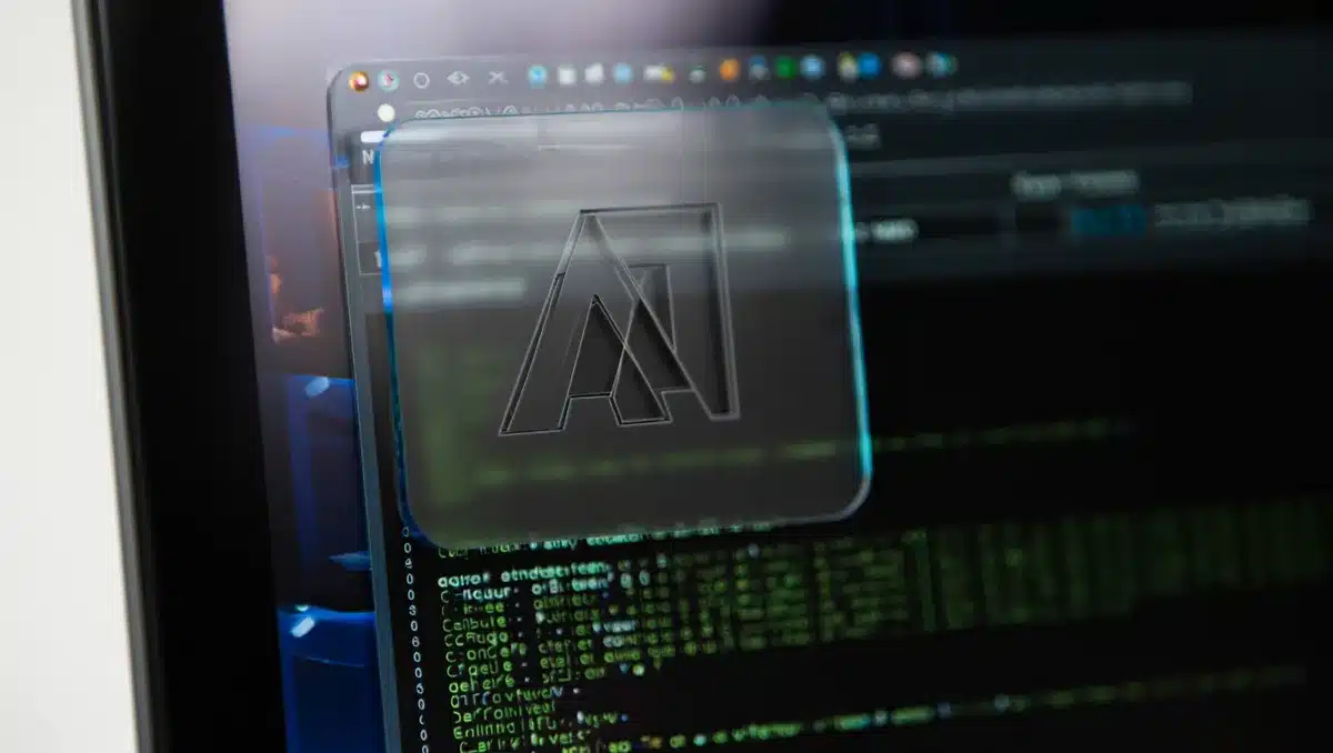 A digital interface showing a notification alert with "AI" symbol, machine-readable code patterns, and transparency indicators on a screen | AI transparency notification interface