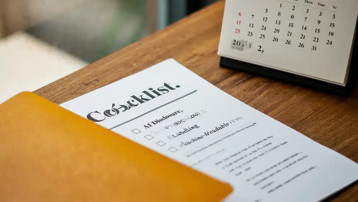 A compliance checklist with checkmarks next to "AI Disclosure," "Deepfake Labeling," and "Machine-Readable Marks," with a calendar showing August 2, 2026 | compliance requirements checklist
