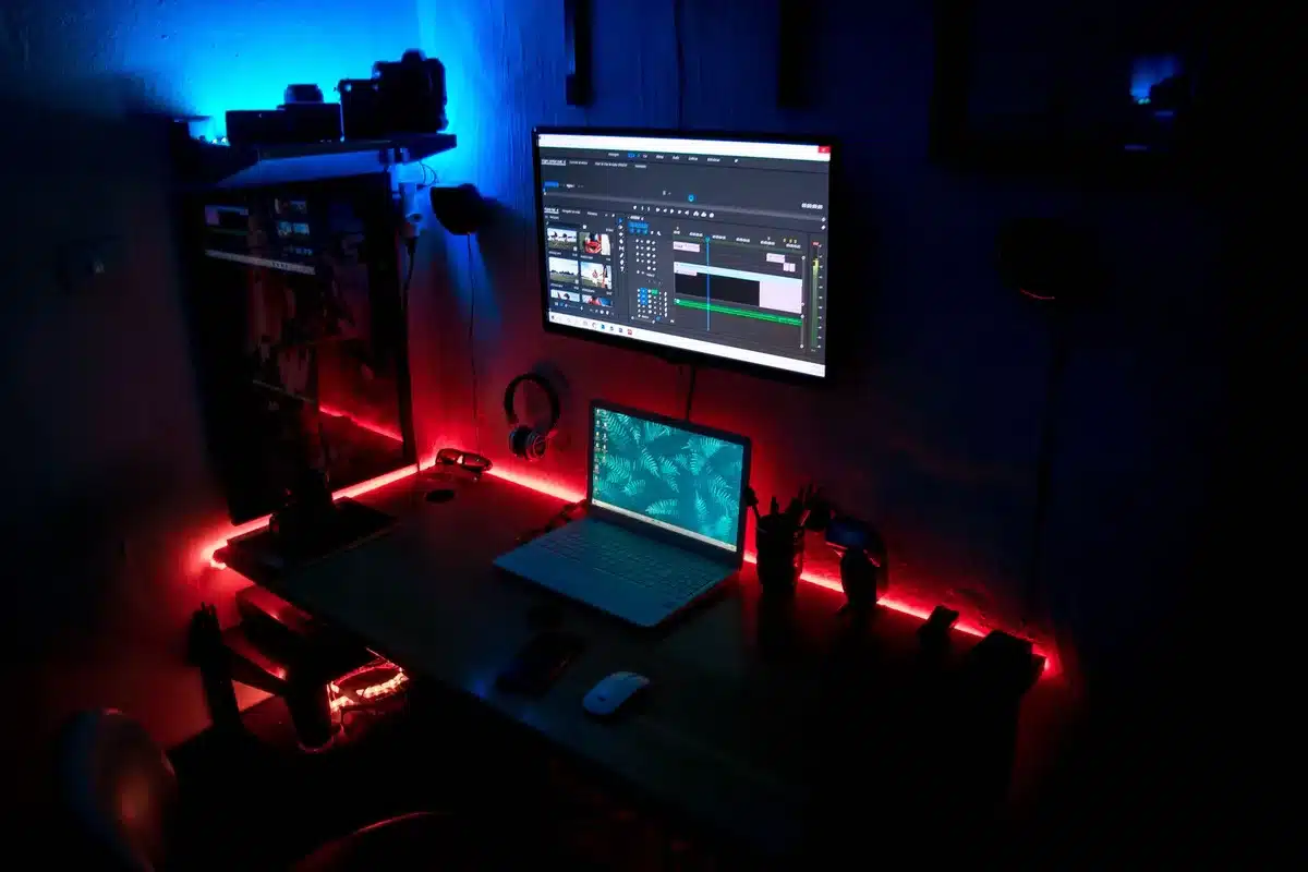 A modern office workspace with computer monitors displaying game development software, team members collaborating at desks, and a wall of screens showing mobile game interfaces and strategy game menus.
