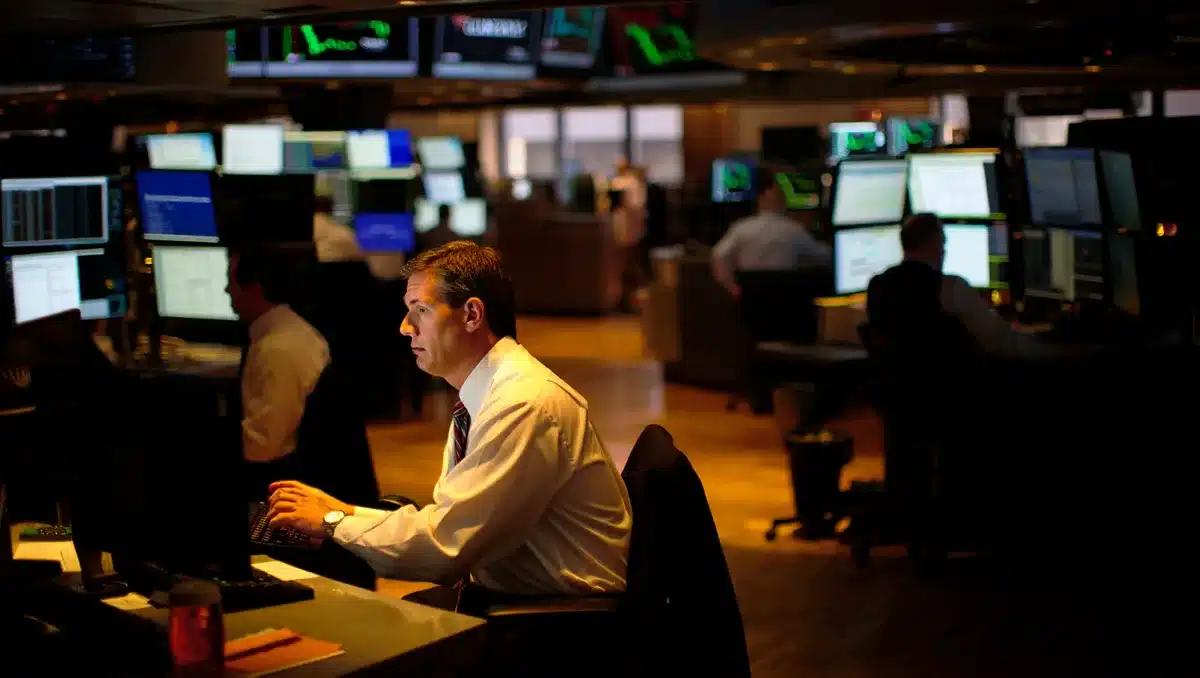 Stock market trading floor with screens displaying upward trending lines in green, traders focused at workstations, warm office lighting, representing positive market momentum | stock market trading floor screens