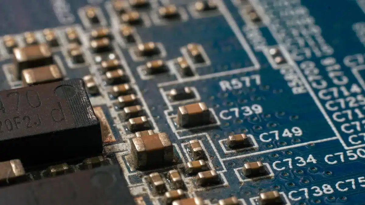Semiconductor wafer under bright spotlight in a clean lab environment, intricate circuit patterns visible on glossy surface, shallow depth of field blurring the background