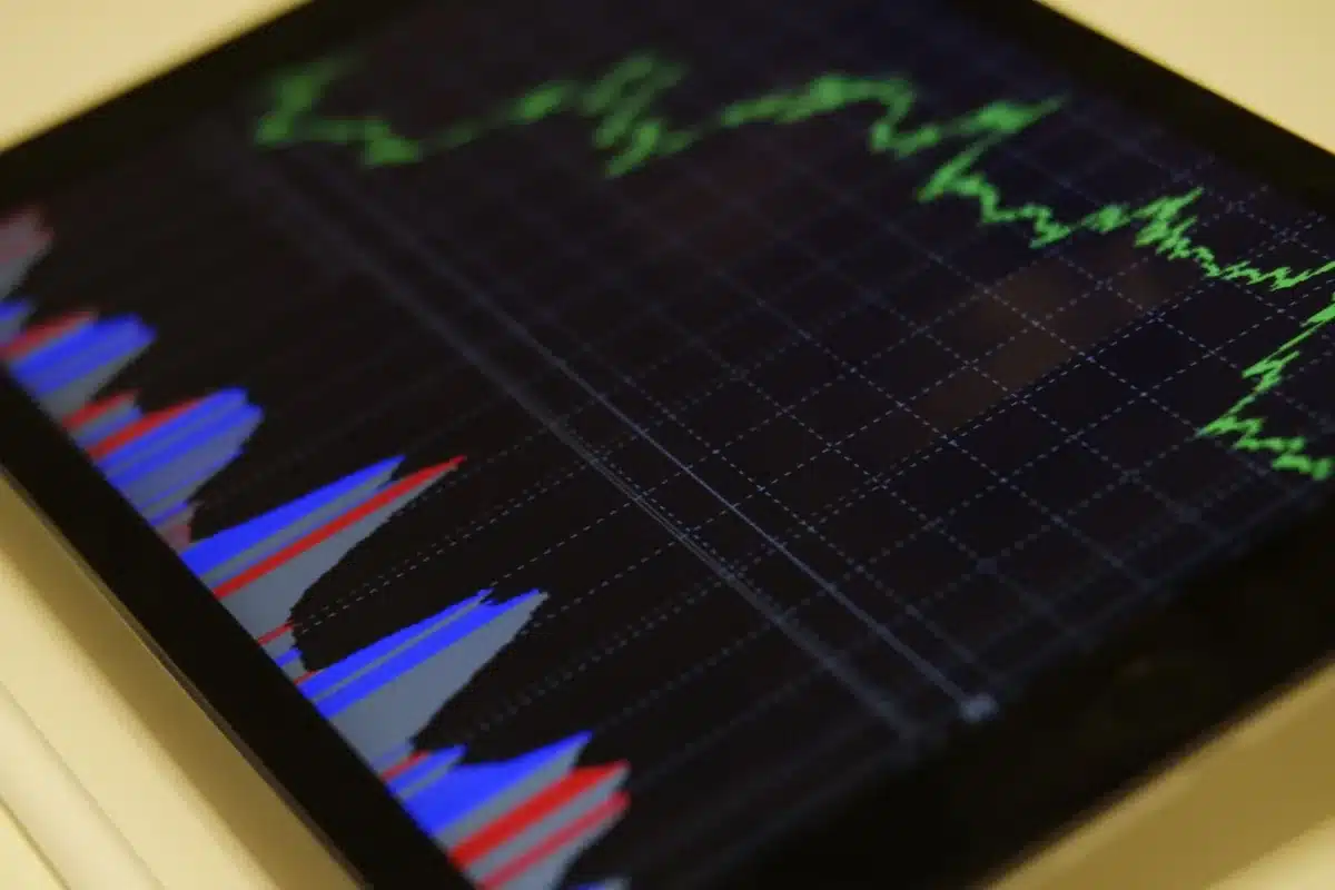 Stock market display showing green candlestick charts and upward trending lines with financial data, representing market gains