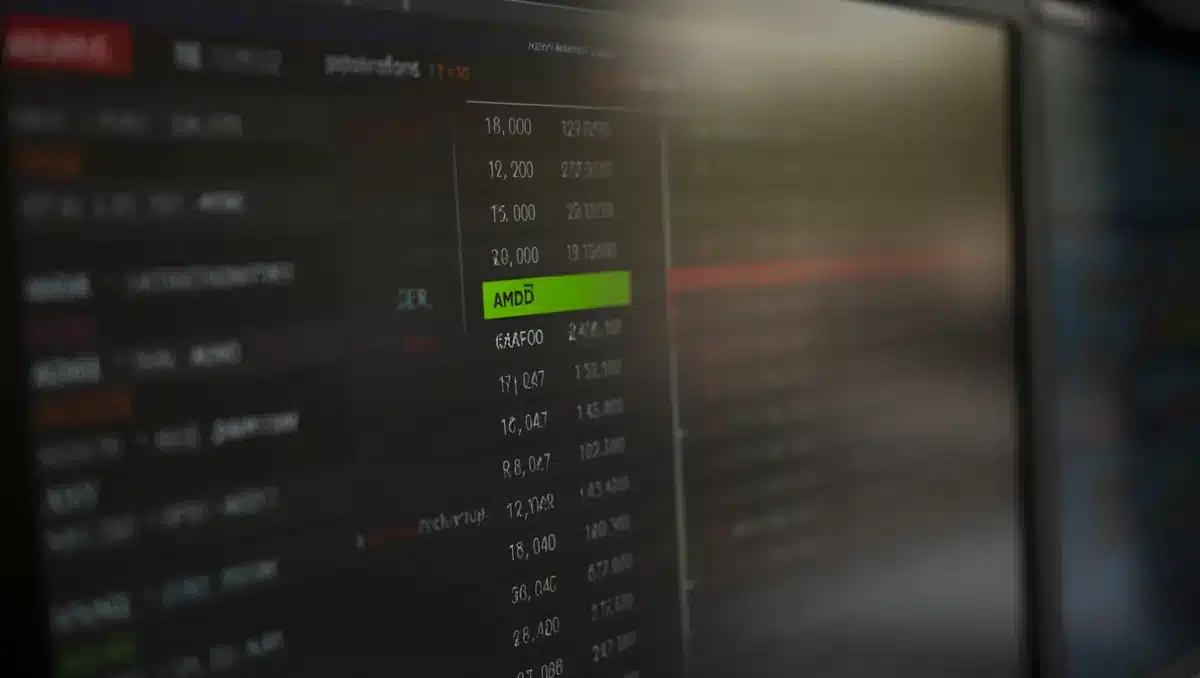 Stock market screen displaying semiconductor sector gains and AMD ticker symbol highlighted in green | stock market ticker display