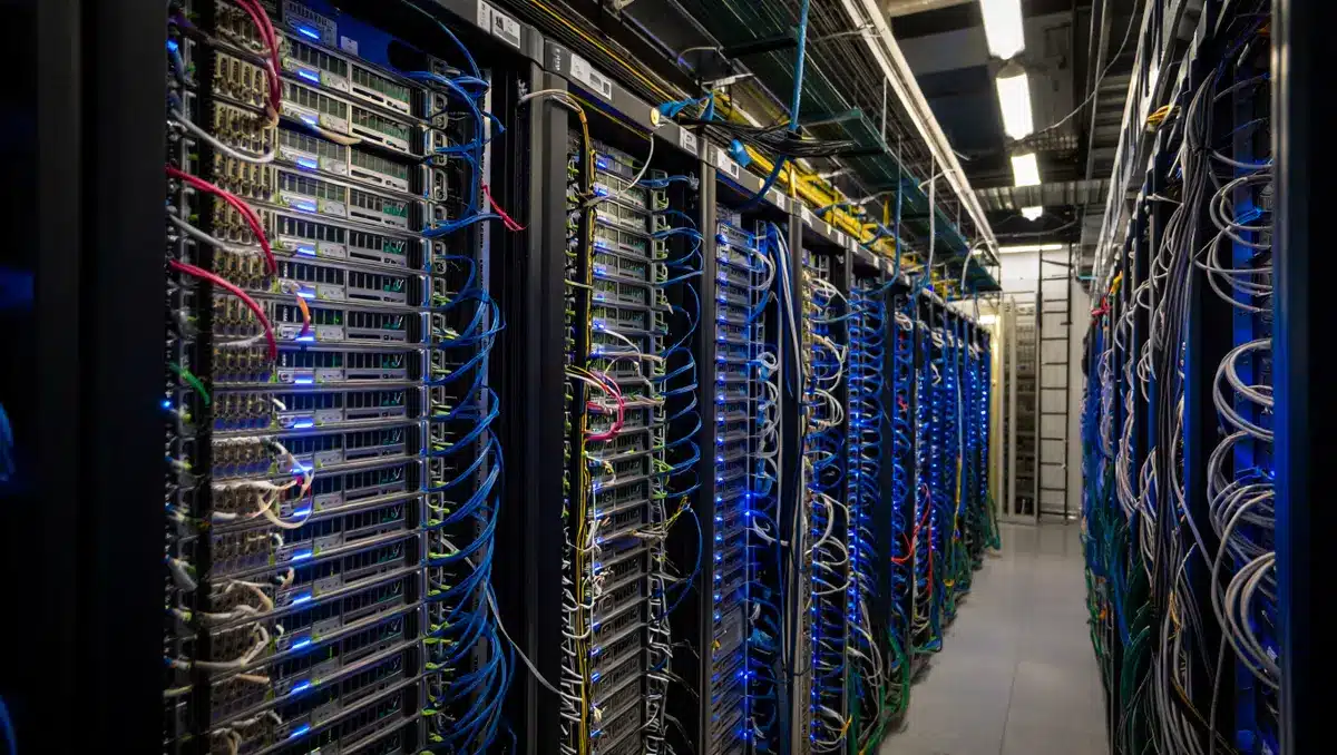 Modern data center server racks with blue LED lighting and cables, representing AI infrastructure investment | data center servers