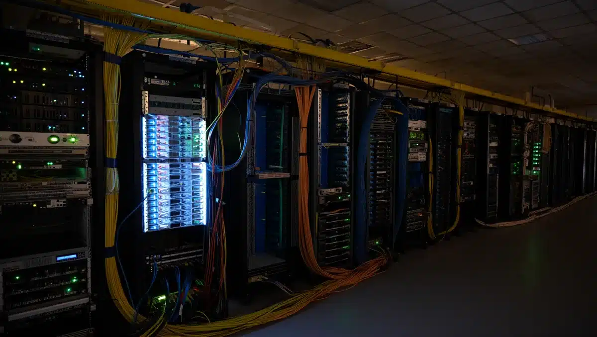 A networking data center interior with rows of illuminated server equipment and fiber optic cables, showing the infrastructure behind cloud computing | data center networking equipment