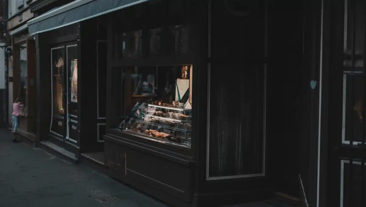 A closed storefront with dim lighting and empty display windows | retail store closed