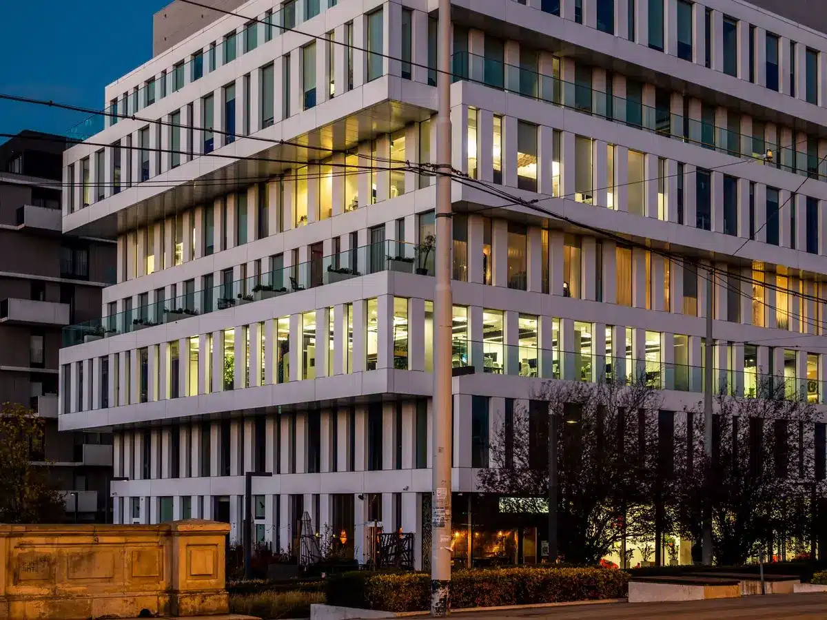 Corporate office building with glass windows and modern architecture