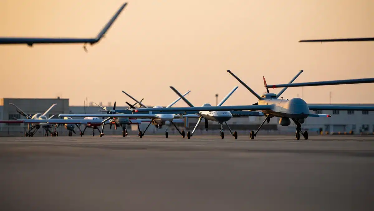 Multiple unmanned aircraft lined up on a tarmac at dusk, various models and sizes, silhouettes against orange sky, industrial drone facility in background, sense of scaled production and fleet operations | unmanned aircraft fleet production
