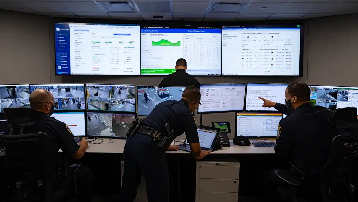 A modern control room with multiple screens displaying real-time security feeds, law enforcement officers monitoring data, and AI-powered dashboards showing incident analytics and response coordination. | command center operations control room monitoring