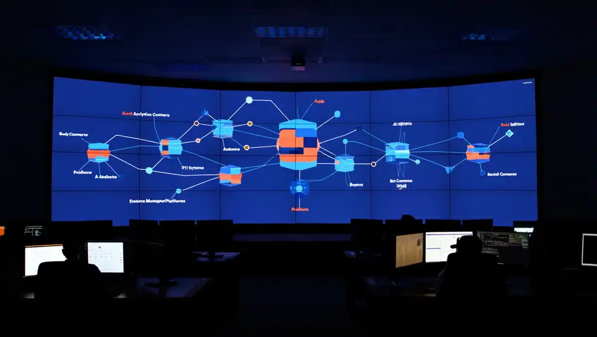 A sprawling public safety ecosystem visualization showing interconnected nodes representing body cameras, drones, 911 systems, evidence management platforms and AI analytics centers, with data flowing between them. | connected ecosystem network diagram technology