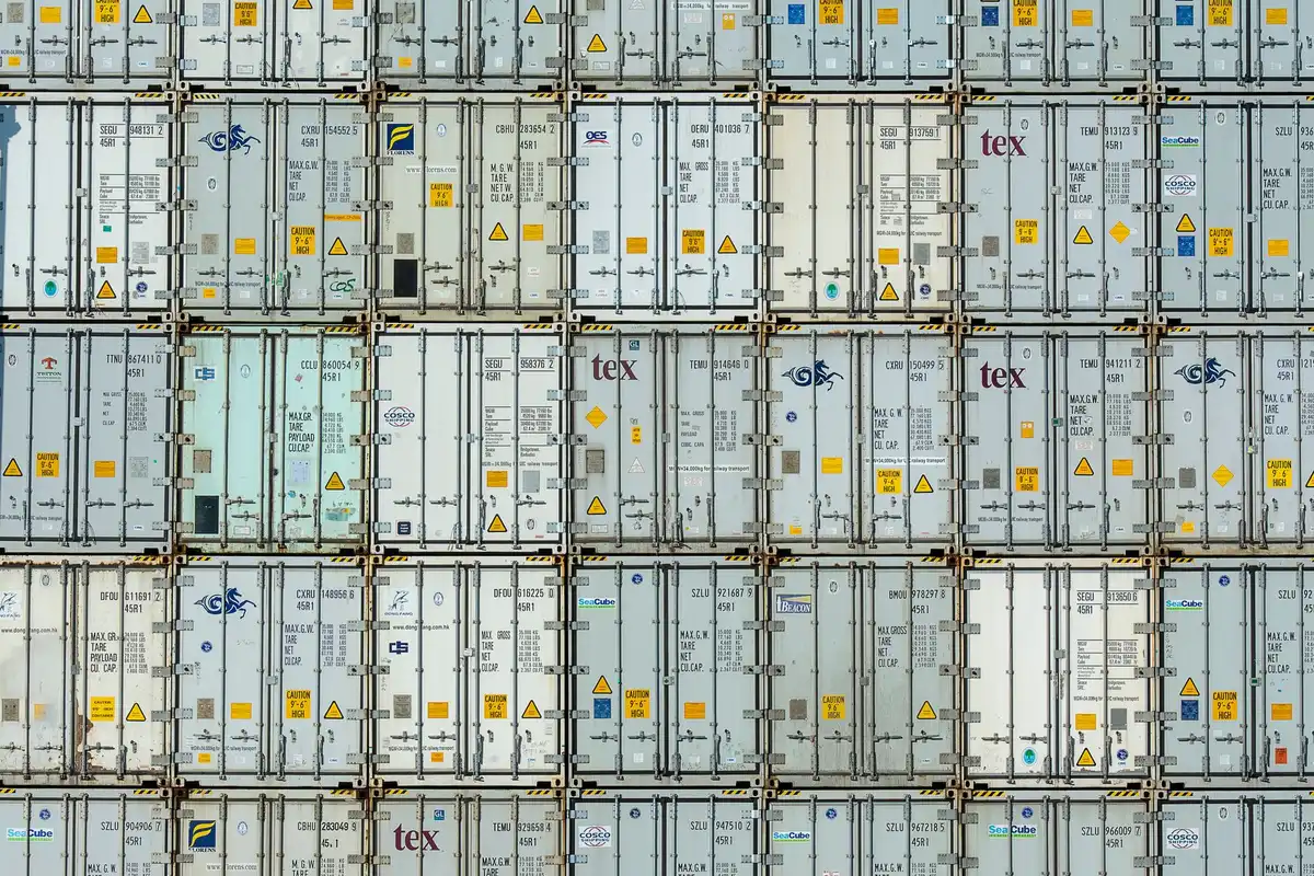 A close-up of frozen raw beef cuts in cardboard shipping boxes marked with establishment numbers and Spanish labeling, stacked in a cold storage facility