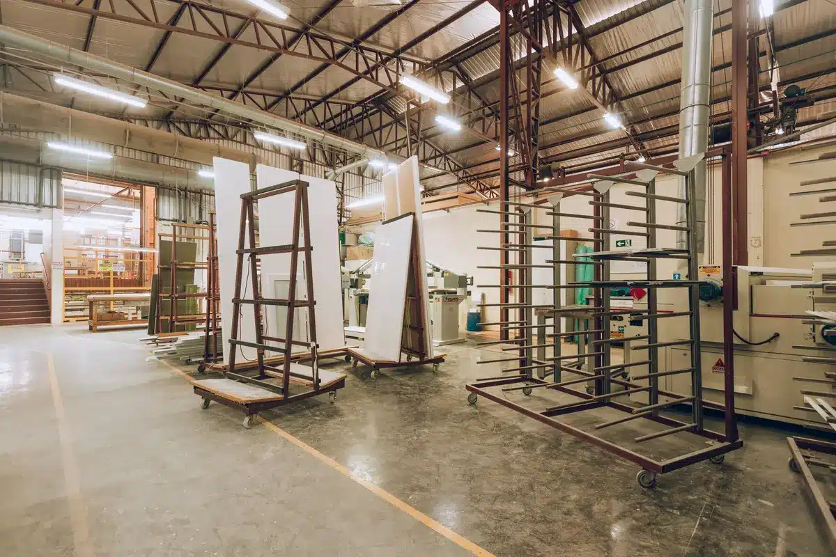 Modern manufacturing facility floor with industrial equipment and machinery, workers in safety gear walking through a warehouse environment with blue and red structural elements