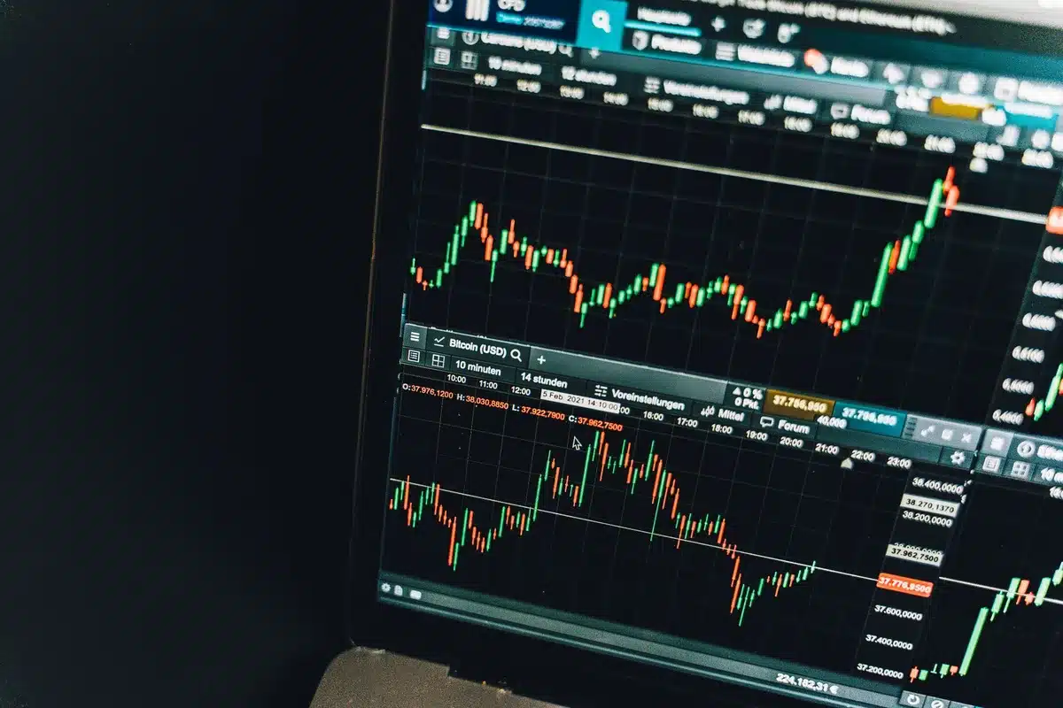 A stock market trading terminal displaying Amazon ticker symbol and price movement chart in bright green and red, with data scrolling