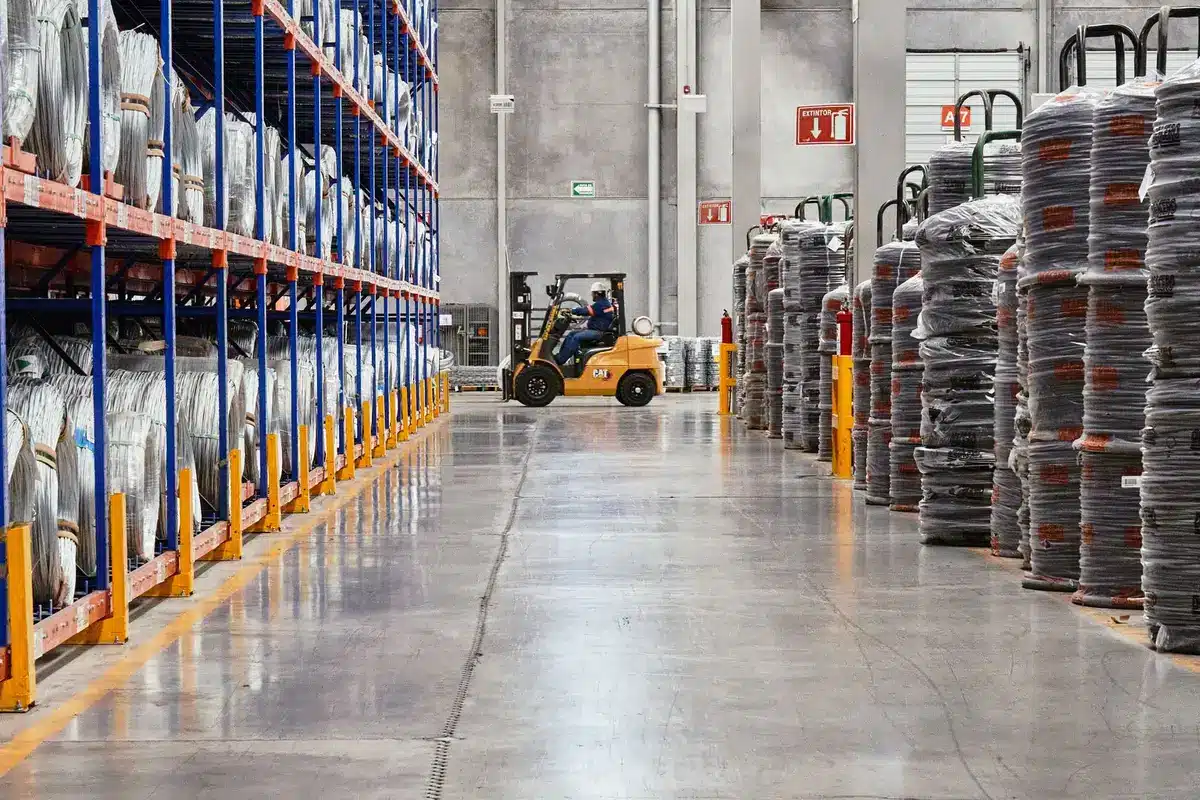 Warehouse floor with rows of horticultural products and supplies on shelves, bright overhead lighting, empty loading dock in background