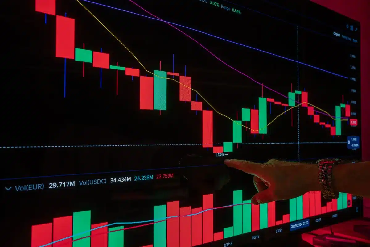 Glowing cryptocurrency symbol on a digital trading screen displaying an upward price chart, with candlestick patterns and percentage gains in bright green, representing market momentum and investor optimism.