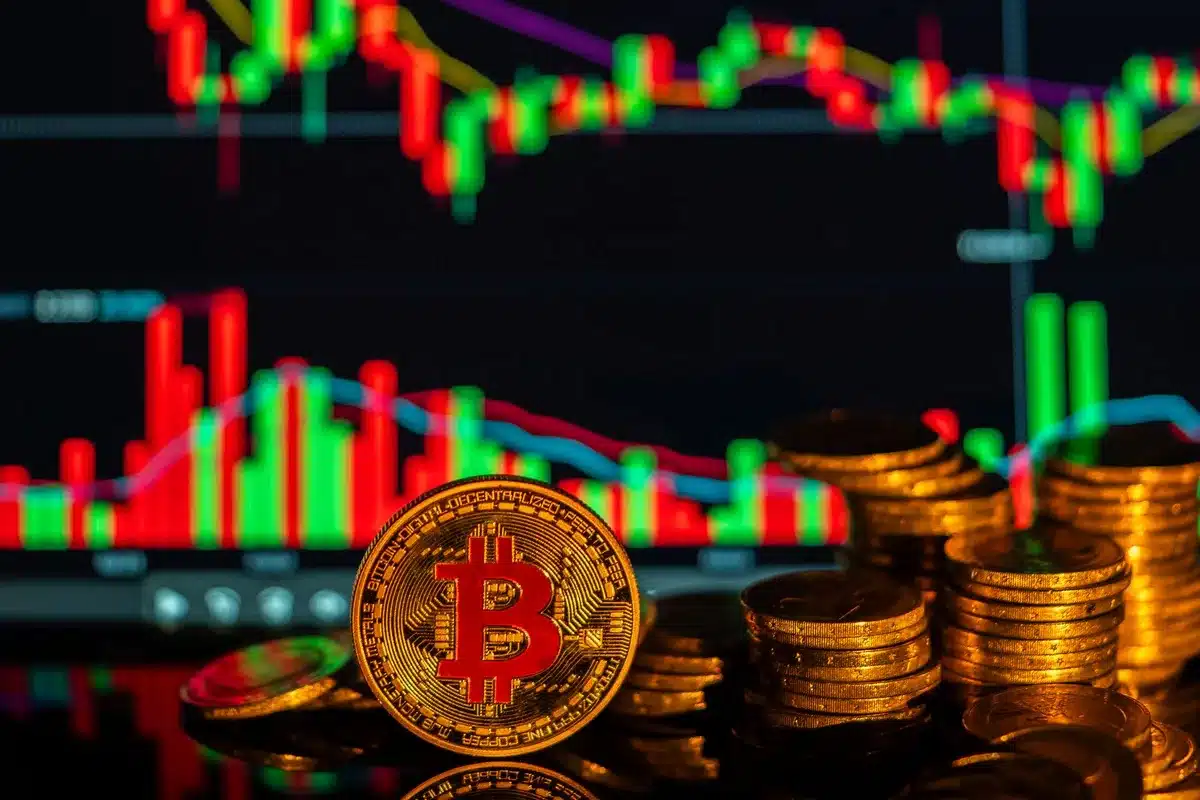 A glowing cryptocurrency exchange chart displaying an upward candlestick pattern, with Bitcoin price levels ascending across the screen in real-time market data visualization