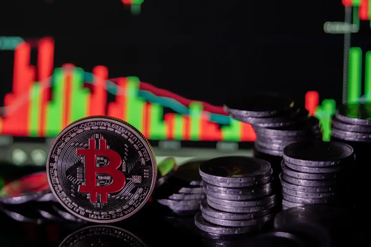 Digital asset trading dashboard showing Bitcoin price climbing past $80,000 with candlestick charts and green indicators, market momentum captured in real-time display.