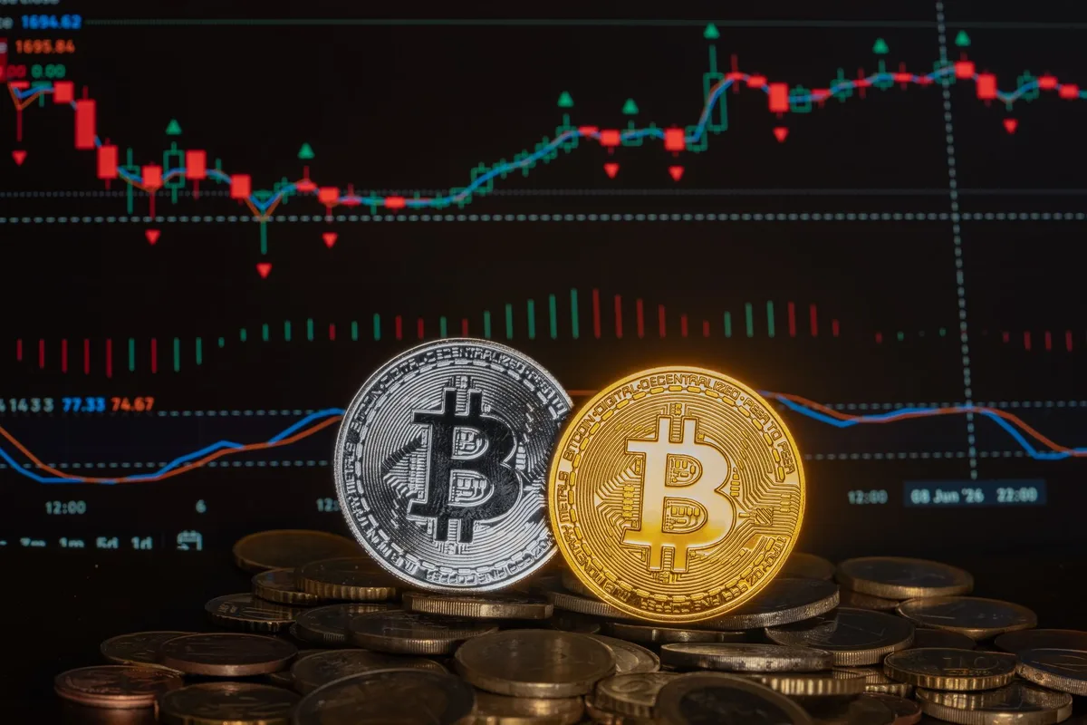 A digital screen displaying an upward-trending Bitcoin price chart with glowing green candlesticks, a steep climb visible in the recent bars, surrounded by abstract crypto trading interface elements and live market data streaming