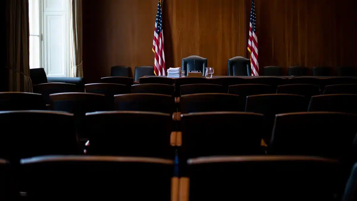A formal congressional hearing room with empty witness table, American flags, and judiciary committee seating visible in soft light, conveying procedural delay and legislative tension | Senate committee room hearing