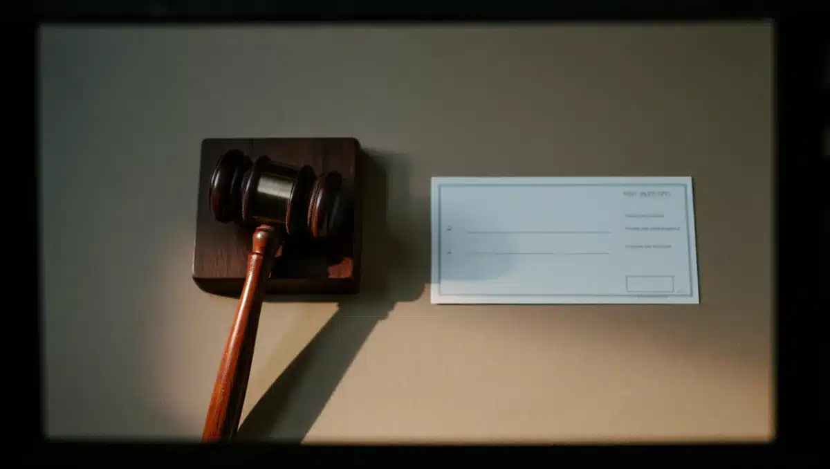 A split-screen comparison showing a gavel on one side and a blank check or settlement document on the other, symbolizing judicial and financial conflict | settlement document gavel