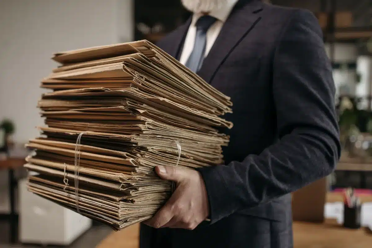 A stack of legal documents and case files with red folders and manila envelopes, scattered across a desk with a pen and reading glasses, morning light casting shadows across the papers, suggesting extensive legal preparation