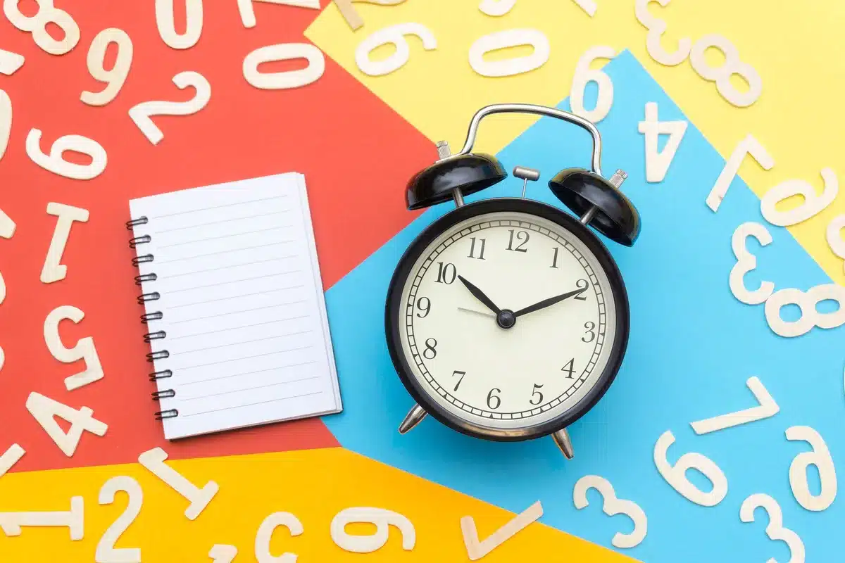 A split-screen comparison: left side shows a clock face with reduced hours marked, right side shows a stack of product features and deliverables, symbolic contrast between time off and work output