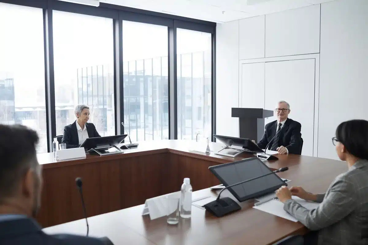 A conference room with multiple empty chairs arranged around a polished table, a single nameplate catching light, floor-to-ceiling windows showing a tech campus in the background, suggesting leadership transition and organizational change