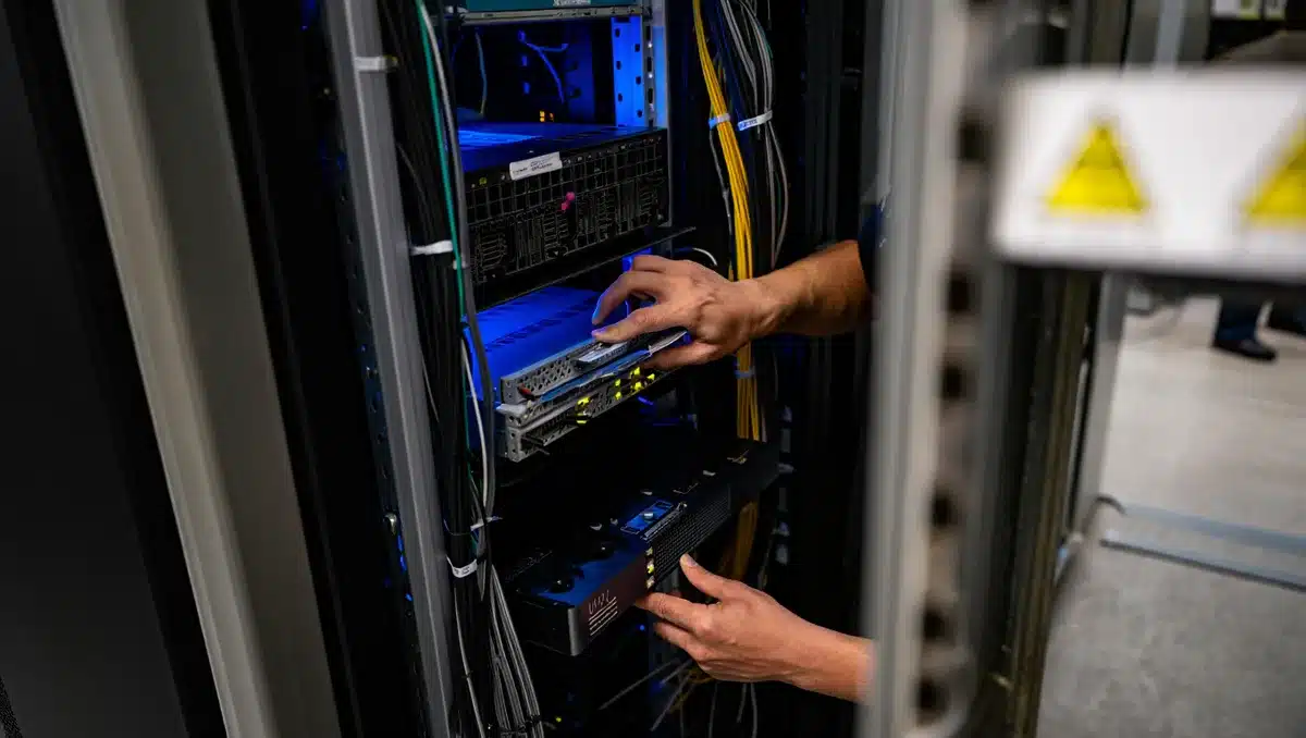 A data center server rack with glowing blue lights and cooling systems, anonymous technician's hands adjusting hardware, fiber optic cables, industrial setting | data center AI infrastructure