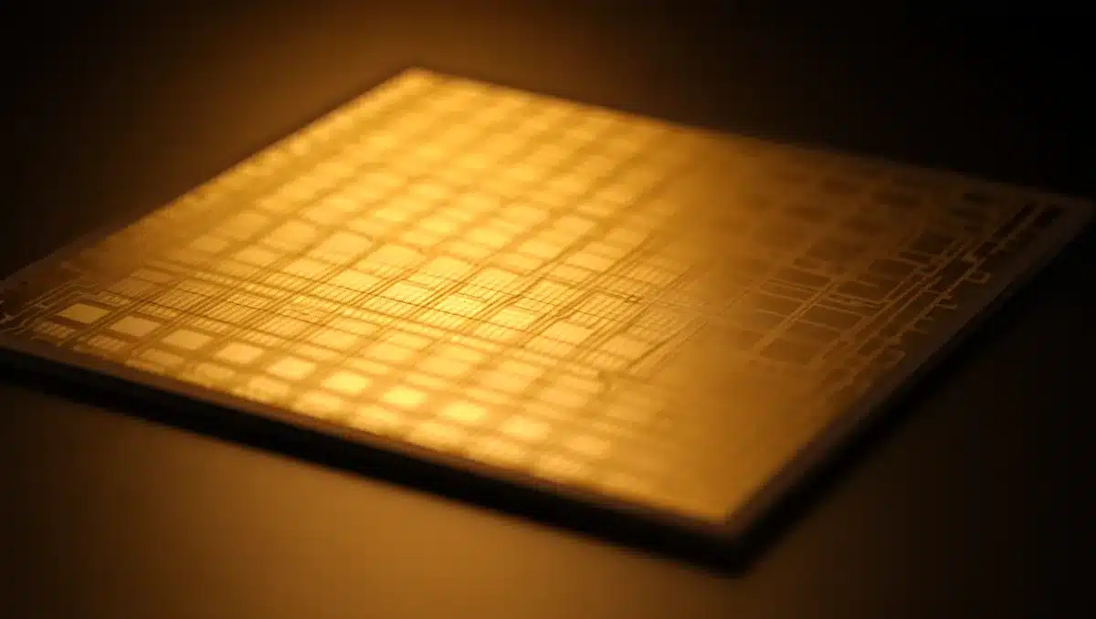 A glowing microchip close-up under laboratory lighting, circuit patterns illuminated, silicon wafer surface with intricate traces | semiconductor chip manufacturing