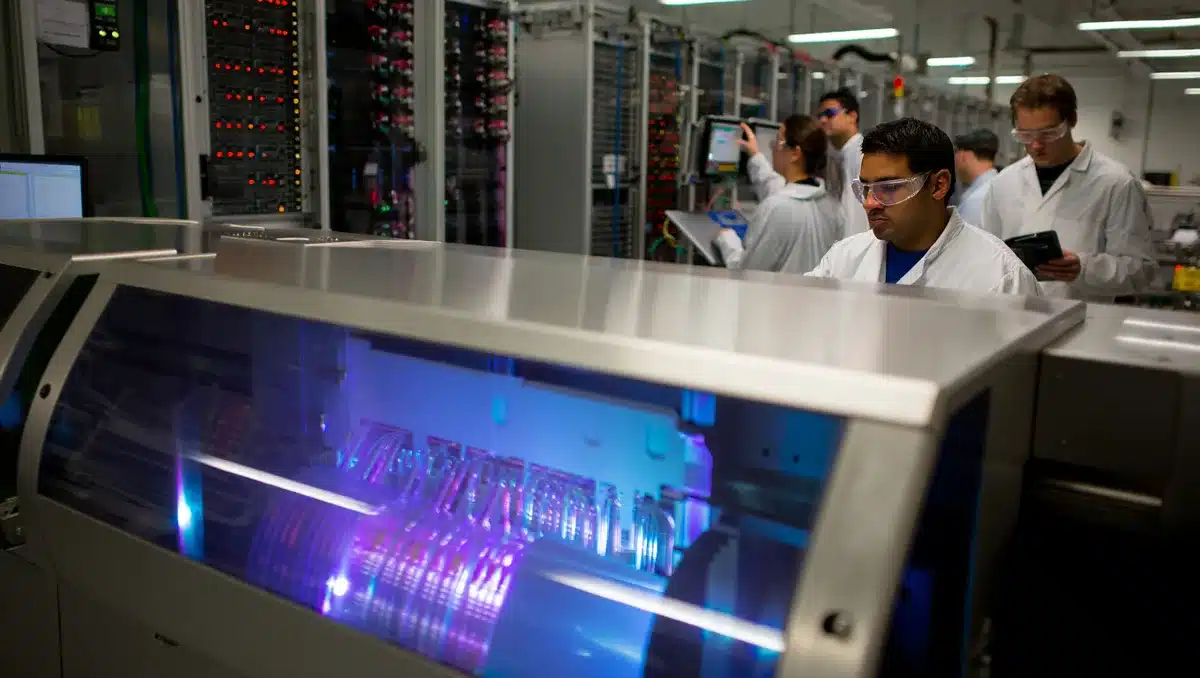 Semiconductor manufacturing facility with glowing circuit patterns and data center infrastructure | semiconductor chip manufacturing