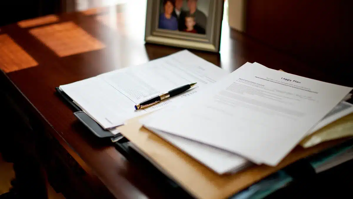 An elderly billionaire investor's desk with stacked financial documents, a pen poised over a legacy plan, soft natural light from a window casting long shadows on mahogany wood, a framed family photo barely visible in the blur &mdash; legacy.