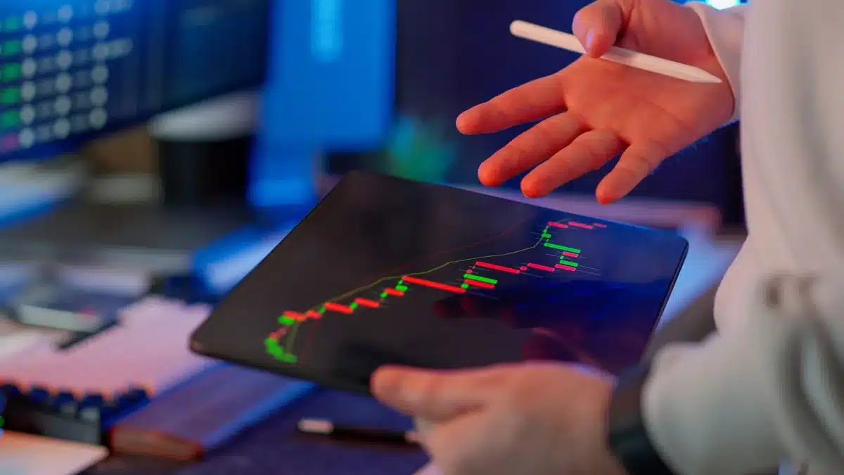 Minimalist financial dashboard displaying an upward-trending stock chart, with a glowing S&P 500 index line, calculator, and portfolio statement on a desk, bathed in soft office lighting
